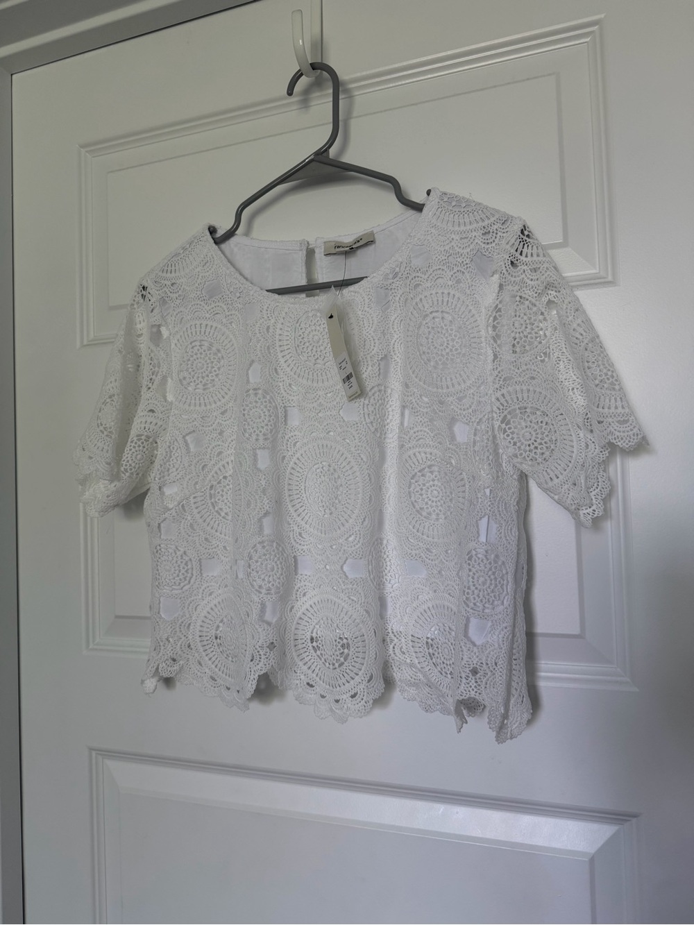 Francesca's Collections Crop White Crochet Lace Short Sleeve Top